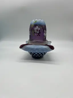 Fenton Vtg Fairy Lamp PLUM Art Glass Drape 2003 Plum Opalescent 3 Piece Coin Dot