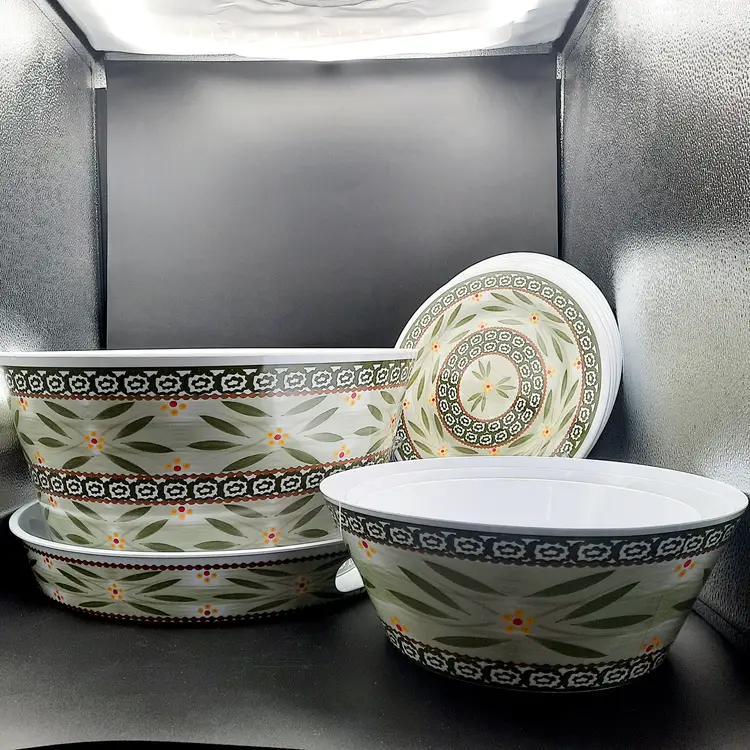 Temptations Melamine Old World Green Outdoor Plates & Serving Set of 13 Pieces