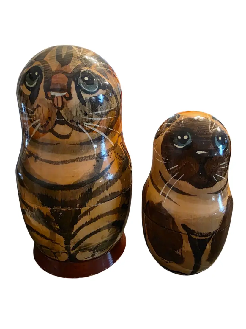 2 Super Cute Handpainted Wooden Meowtryoshka Dolls