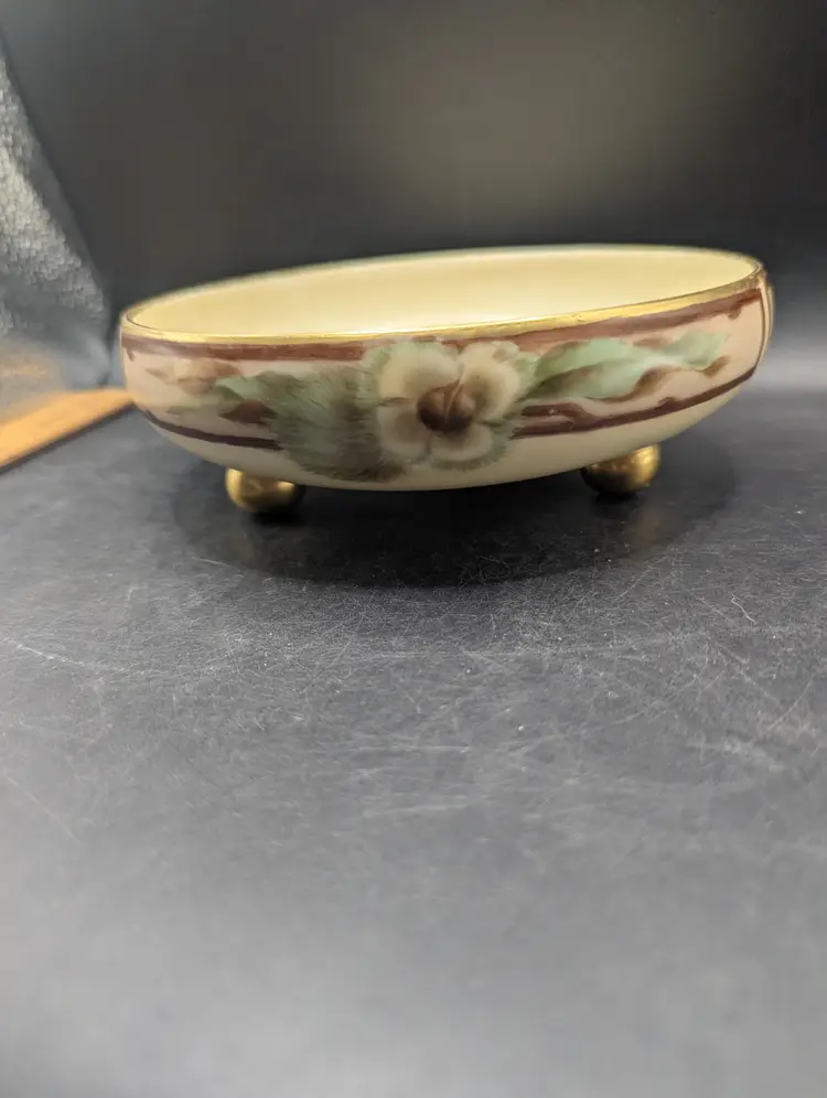 Antique T V Limoges France Footed Bowl With Hand Painted Floral Design Gold Trim.