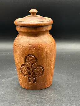 Vintage Small Wood Jar Hand Carved Flowers Container  With Lid. 5.5 Inches Tall
