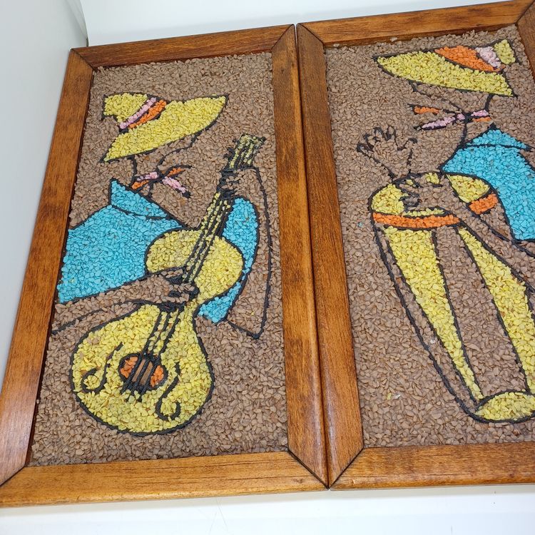 Vintage MidCentury Gravel Wall Art Musician Guitar Player Caribbean Mambo set 2
