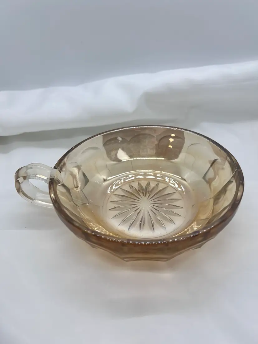Vintage Amber Luster Ware Decorative Cut Glass Shallow Bowl with Handle