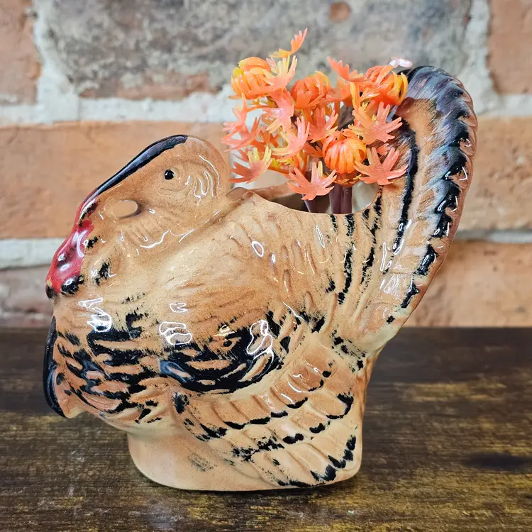 Vintage 1940's Morton Pottery Turkey Planter Vase  USA Made Rustic Brown Ceramic Thanksgiving Decor