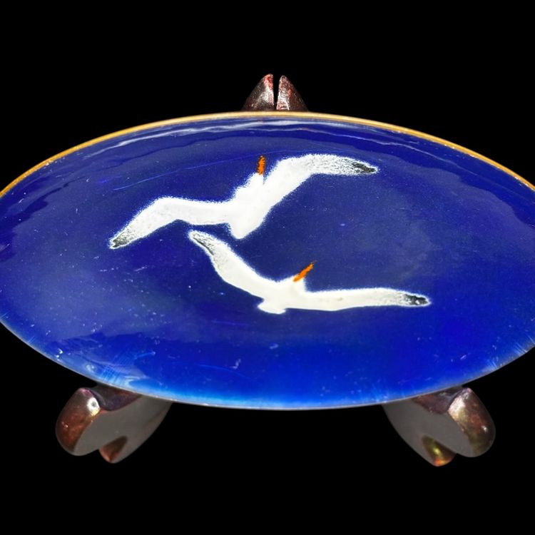 Seagulls In Flight Shorebirds Cobalt Enamel On Metal Plate 6”*