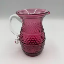 Pilgrim Glass Cranberry Pitcher Bennington Pattern Clear Applied Handle