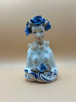 Cordey Figurine Lady Blue Flowers Bust Porcelain #5003 5.5" 1940's Floral Vtg