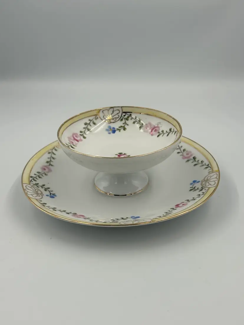 Vintage Nippon Gold Rimmed Floral Two-Tier Serving Dish With Attached Under Plate