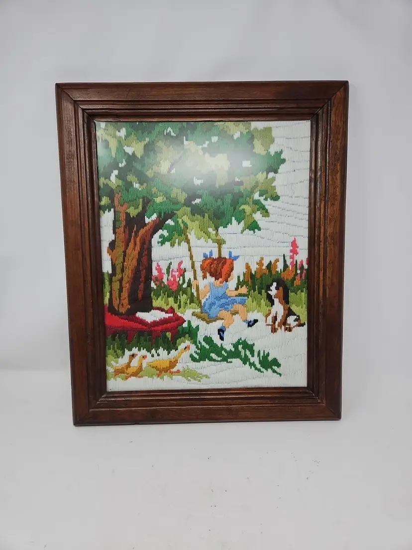 Vintage Finished Crewel Yarn Framed Artwork Little Girl On Tree Swing with Dog