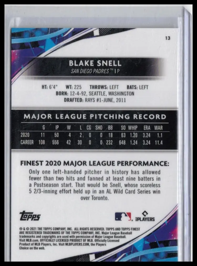2021 Topps Finest Blake Snell Purple Refractor /250
