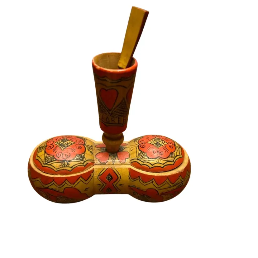 Vintage Russian Hand Painted Wooden Salt Cellar And Spoon Set @4 1/2x 4