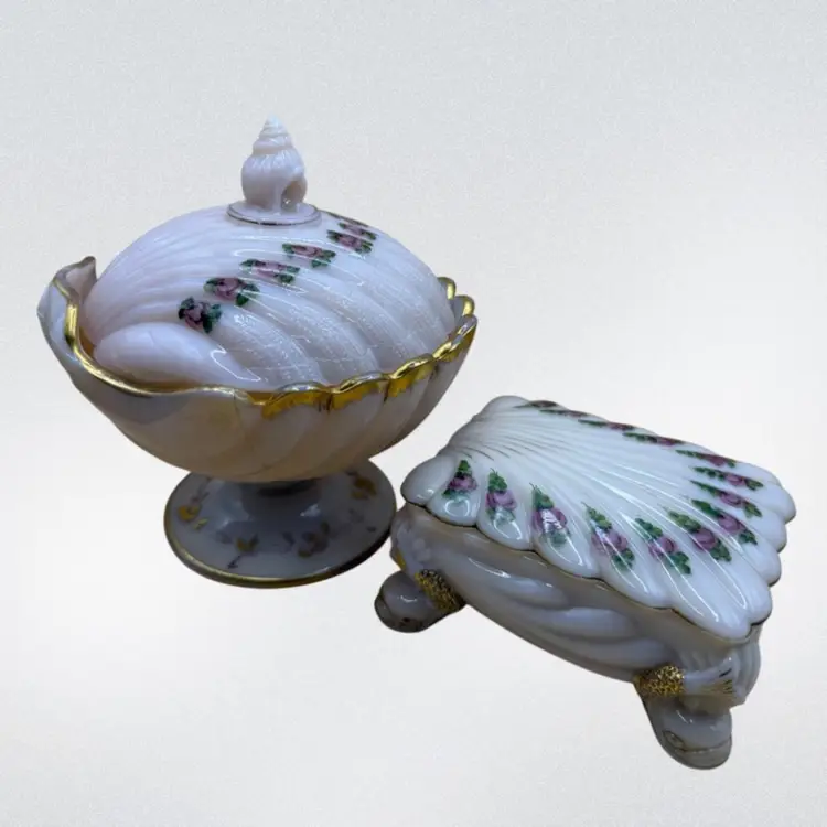 Antique Cambridge Pink Milk Glass Charleton Hand Decorated Tuscan Clam Shell Vanity Set - Lidded Pedestal Dish, Cigarette Case, & Trinket Dish