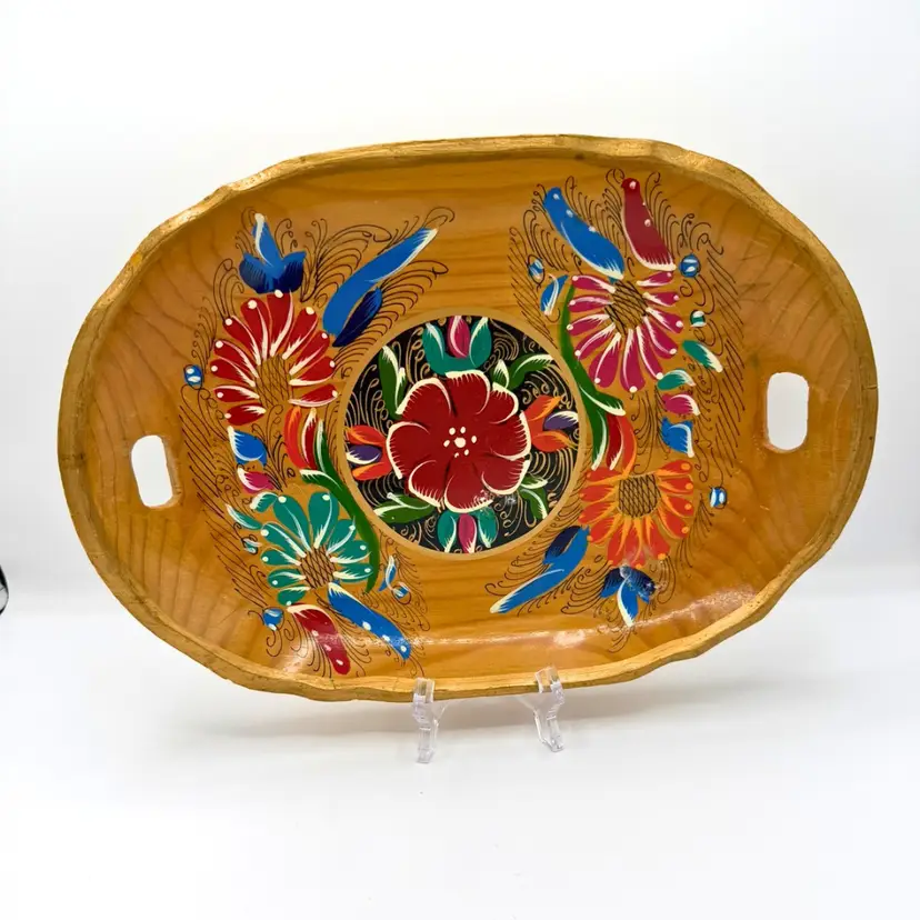 Vintage Mexican Wood Tray Hand Painted Batea Folk Art Floral Oval Bowl Gold Trim
