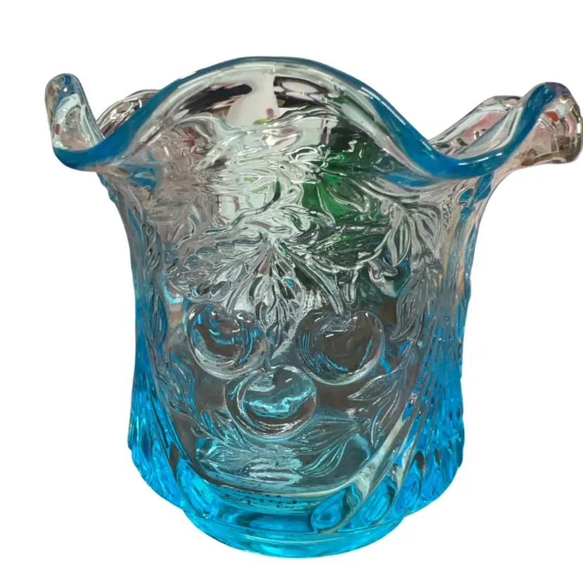 VTG Blue pressed glass Vessel with 'Wreathed Cherries' pattern by LG Wright.4” Tall