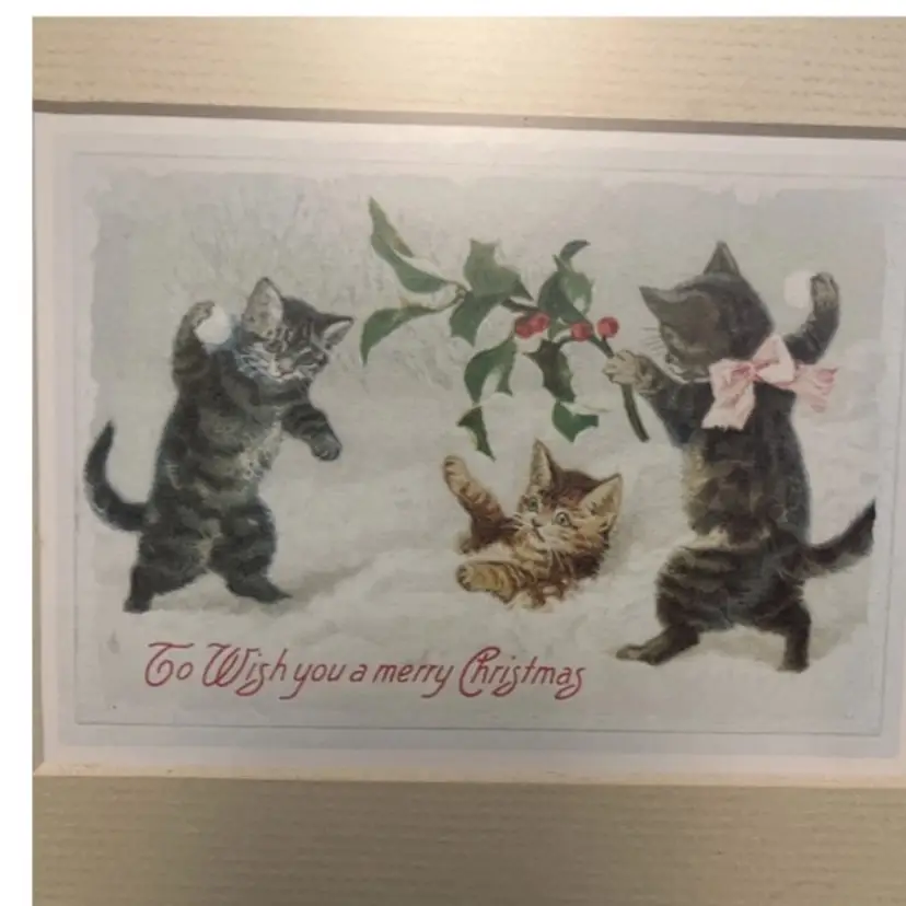 Vintage Victorian Style Christmas Card Framed & Matted ~ Cats Snowball Fight 9X8