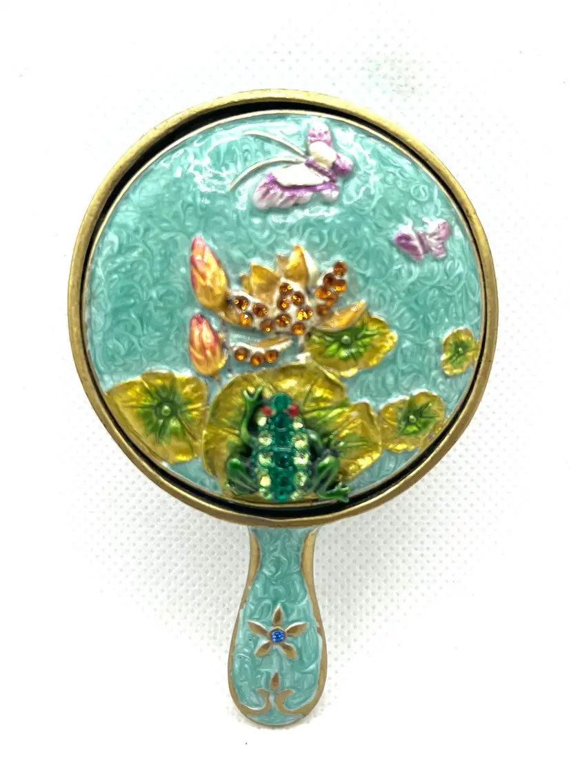 Designer Jay Strongwater Vintage Swarovski Crystal Frog Enamel Purse Pocket Mirror