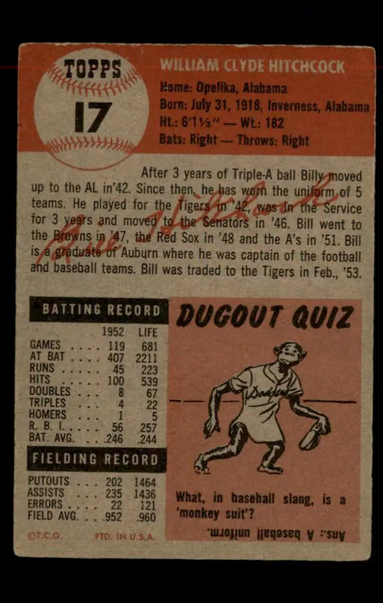 1953 Topps #17 Billy Hitchcock - (pk-tl1) - Philadelphia Athletics