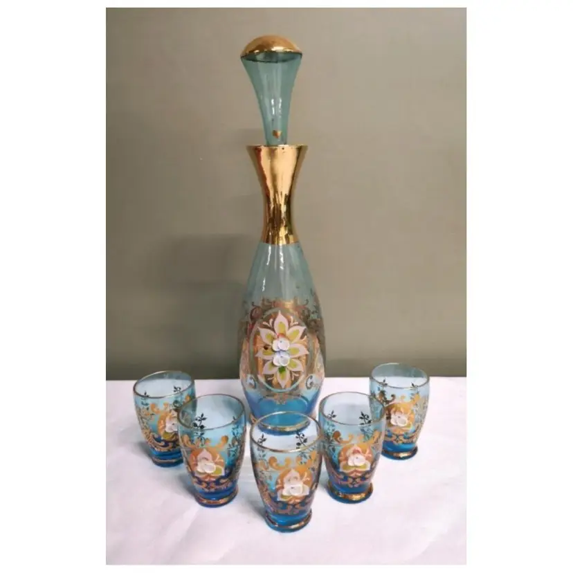 Vintage Bohemian Blue GLASS Decanter NO Stopper with Glasses