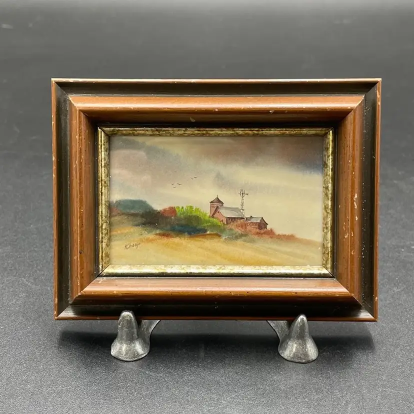 Miniature Watercolor Barn Windmill Artwork Painting Signed K Shoop Kit VTG