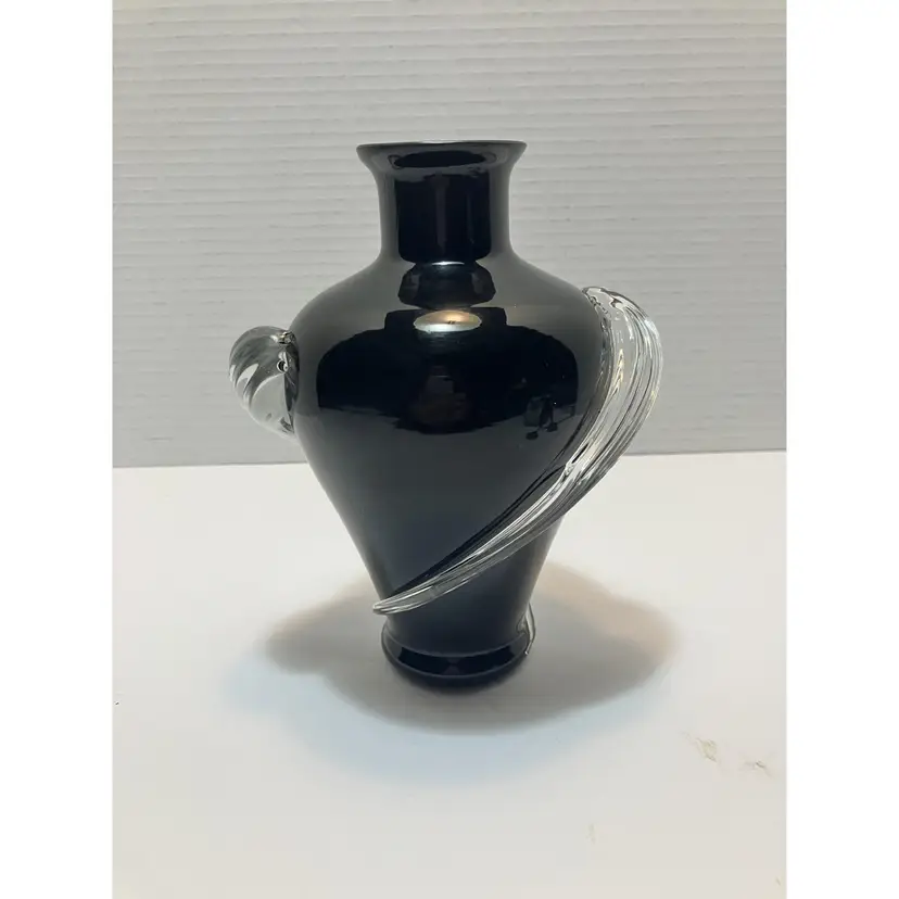 Two's Company vintage blown black amethyst clear glass swirl vase