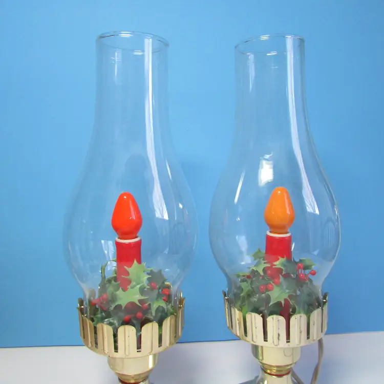 pair of vintage lantern candles plastic base, glass shade make in Mexico