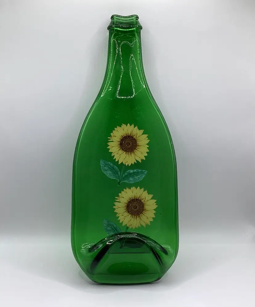 #02 Apr 25th Green Glass Melted Flattened Slumped Bottle With Sunflowers