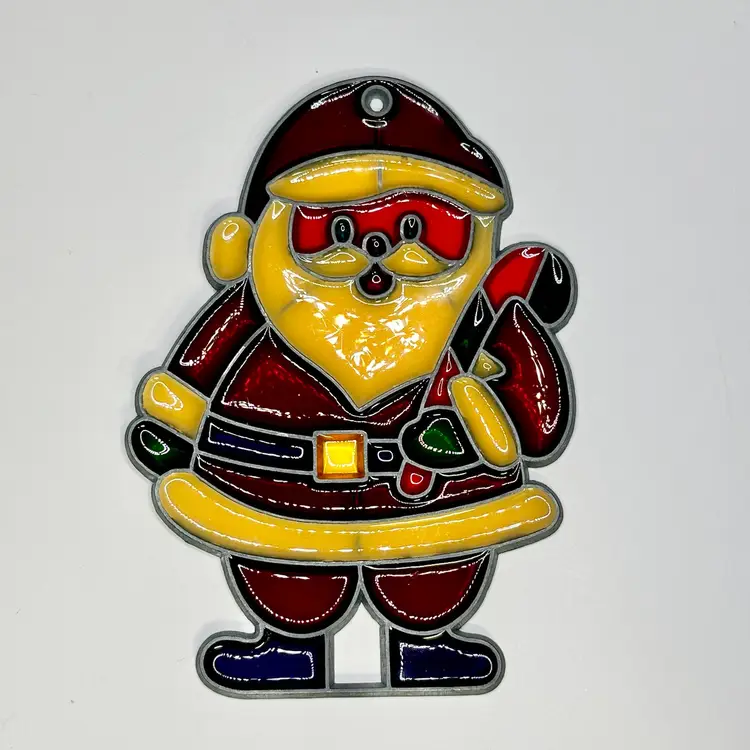 Vintage Stained Glass Santa Claus Window Ornament Sun Catcher 6”x4”