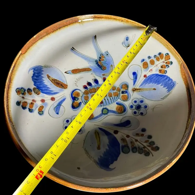 Handcrafted Ken Edwards Tonala Mexico Bird Butterfly Ceramic Folk Art Bowl 12”