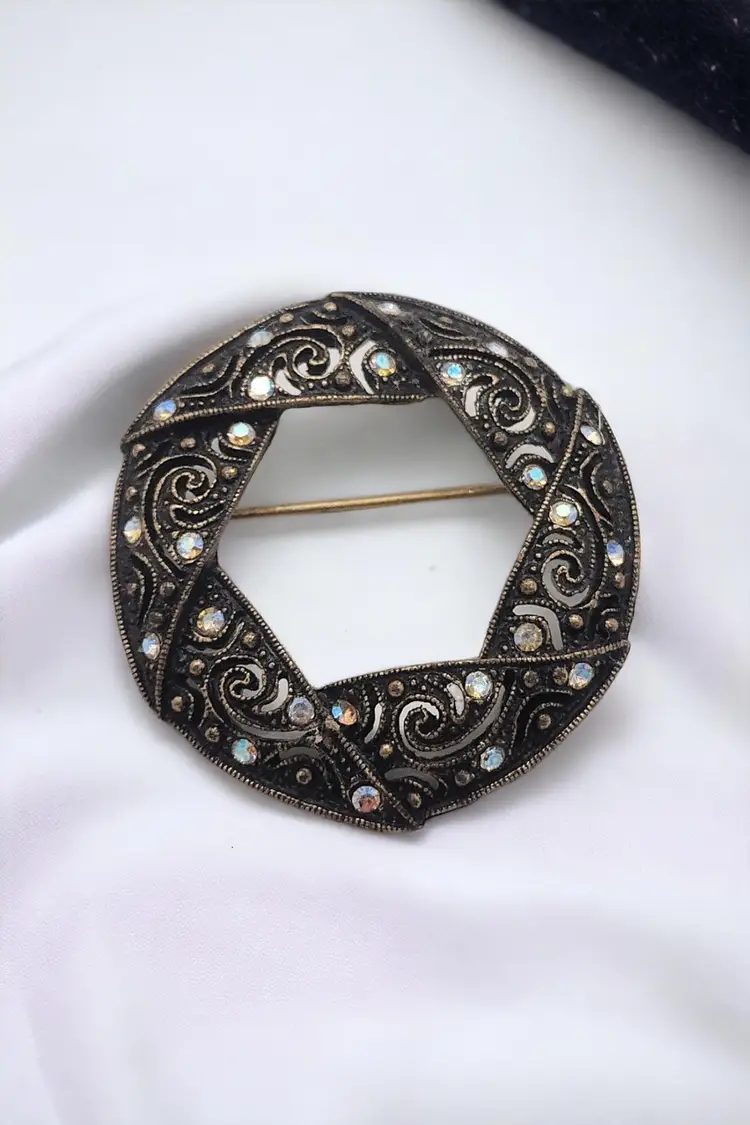 Vintage Bronze Tone Metal Aurora Borealis Filigree Hexagon Brooch Pin