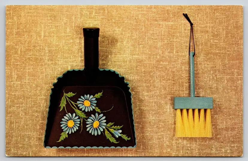 Postcard Tole Art Crumb Chums Minatare Dustpan and Brush Floral Art