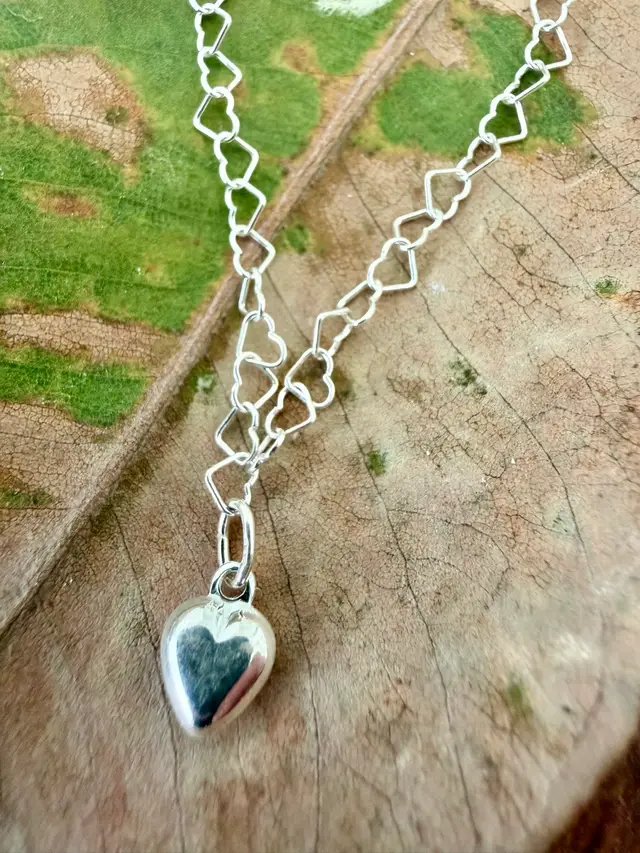 Petite Sterling Silver Puff Heart Pendant On Heart Chain Necklace