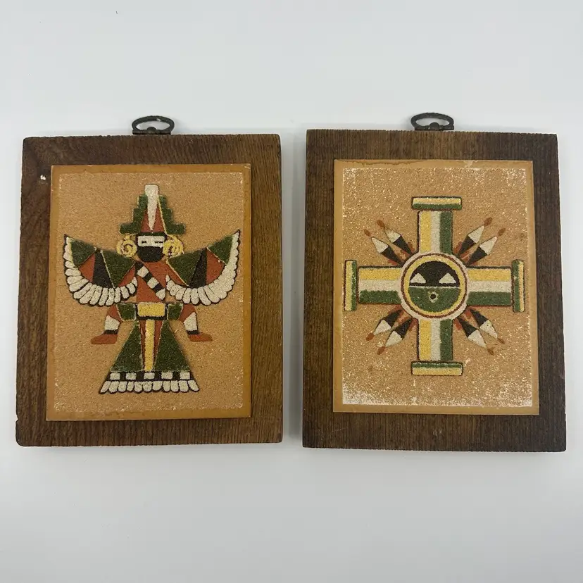 Pair Of Vintage Sand Art Zuni Wing Knife Man & Sun Symbol Wall Art Pieces