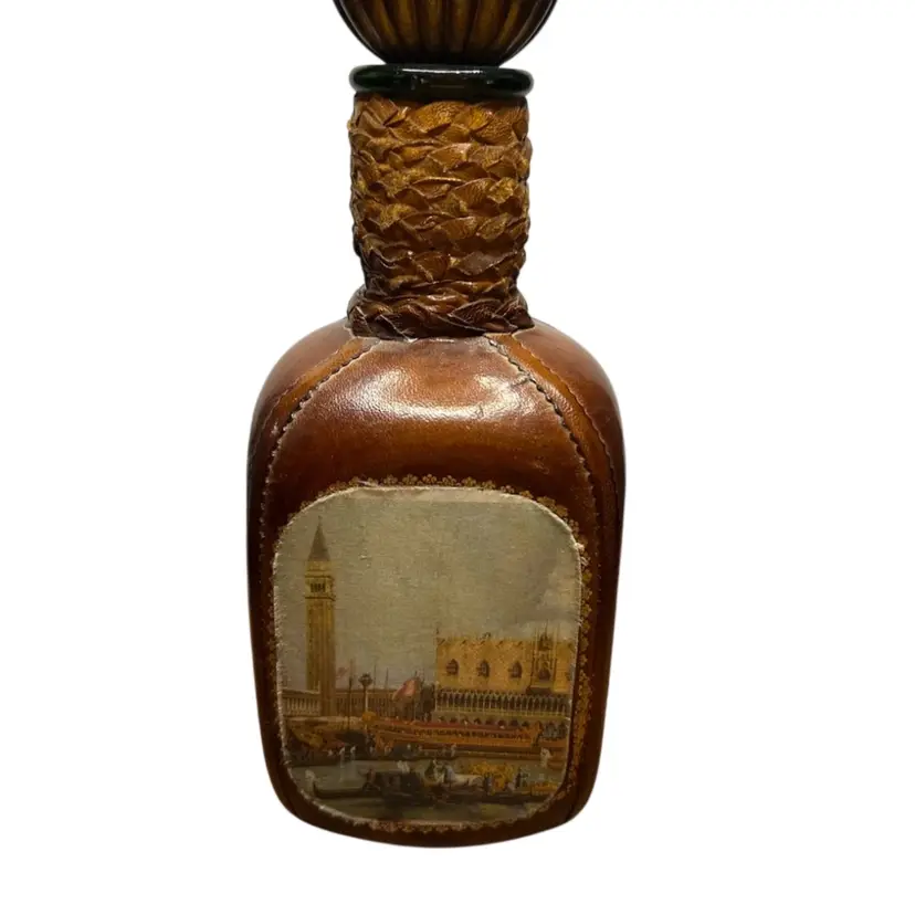 Made In Italy Leather-wrapped Decanter With Picture Of Canal Scene Some Wear On Side Where Tape Was @ 10x3 1/2