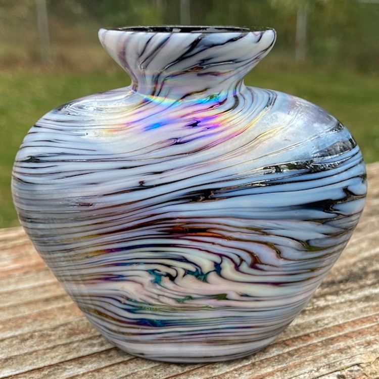 Handblown, Iridescent Swirl On Black Glass, Art Glass Vase (perfume bottle - no stopper). 2.75”h x 3”w. No Signature.