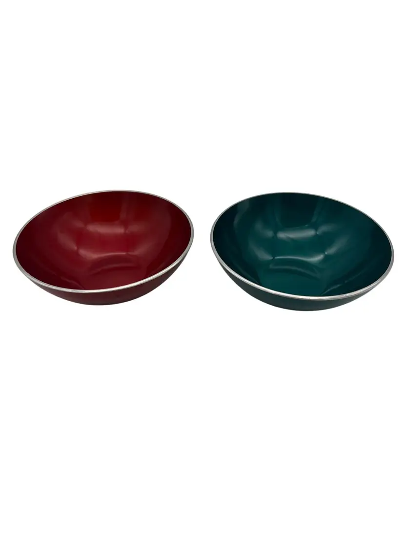 Pair Of Vintage Emalox Norway MCM Enamelware Metal Bowls 4" In Red & Green