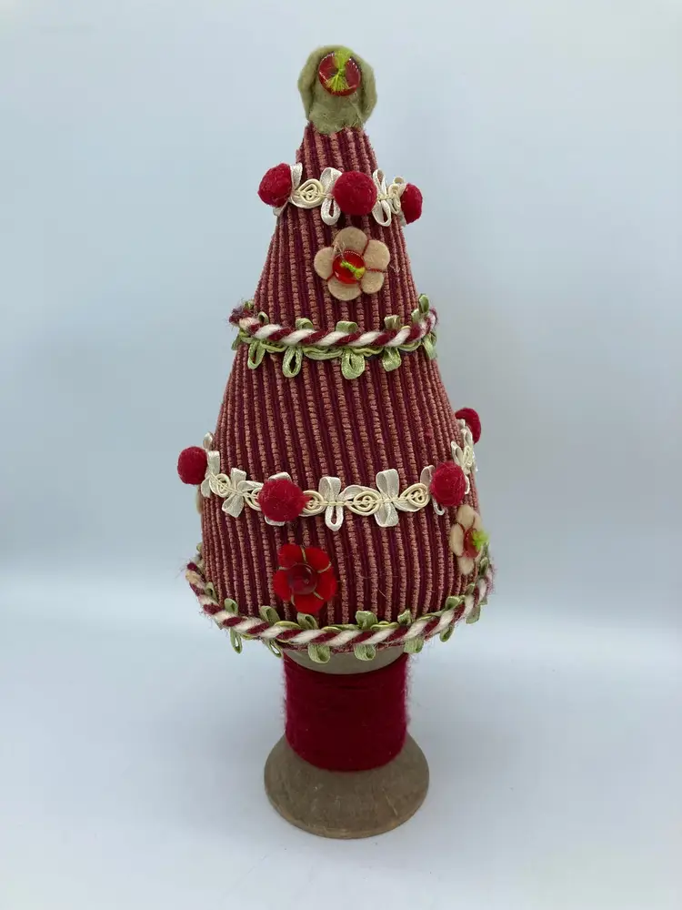 Vintage Handmade Folk Art Fabric Christmas Tree Wood Spool Base 15"