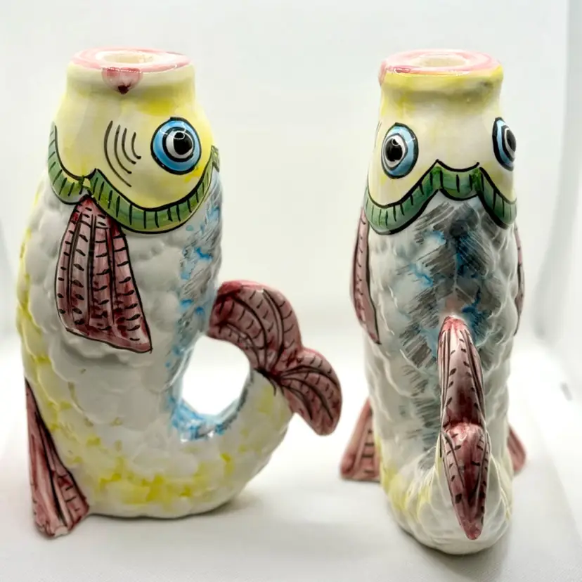 Vintage Italian Fish Candle Holders (2), Handcrafted Pottery, By Desuir Ceramics, Providence Of Messina Santo Stefani Of Camastra, Sicily, Italy