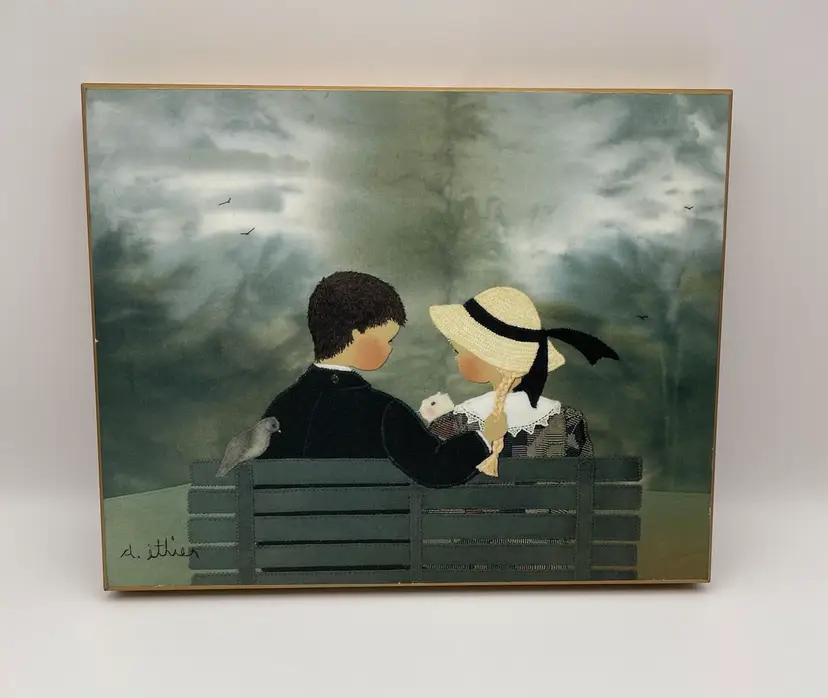 Diane Ethier “Secrets” Print, Little Kitty Sitting In Between A Young Couple With Bird On Back Of Bench. Made In Canada.