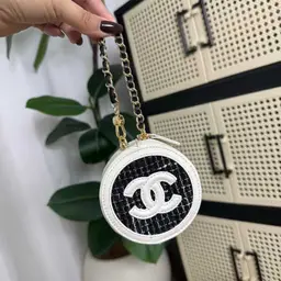 Chanel Makeup Tweed Quilted Round Filigree Pouch With Chain in white and black