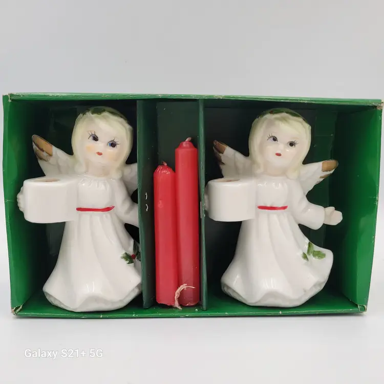Vintage Bone China Angel Candle Holder Set Of 2 in Original Box  Made in Taiwan