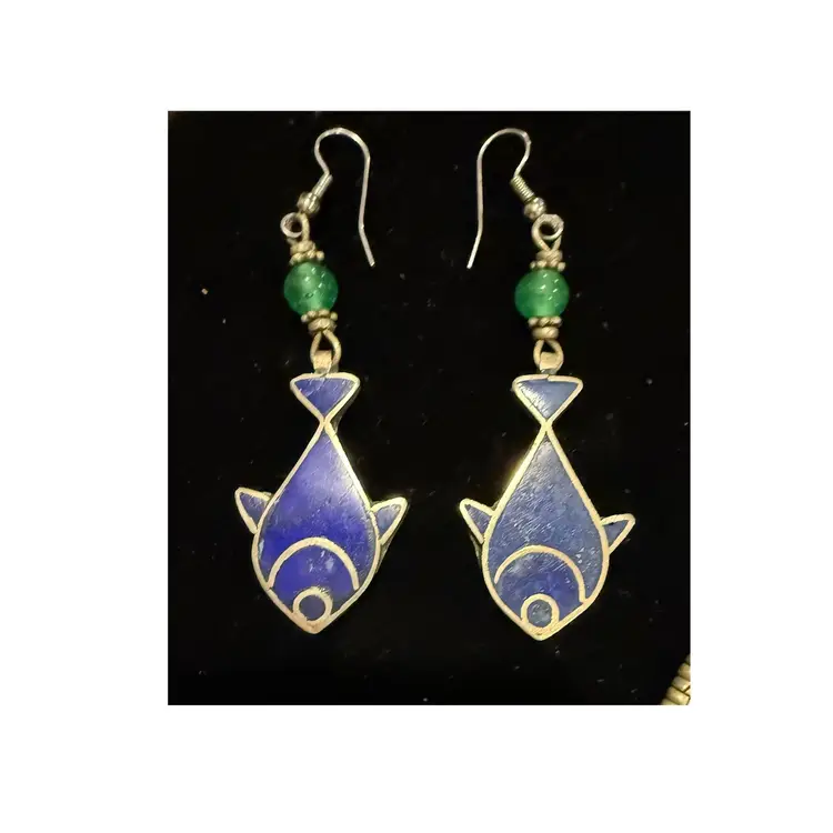 Vintage Tribal Blue Lapis Lazuli Inlaid Fish Necklace And Earring Set
