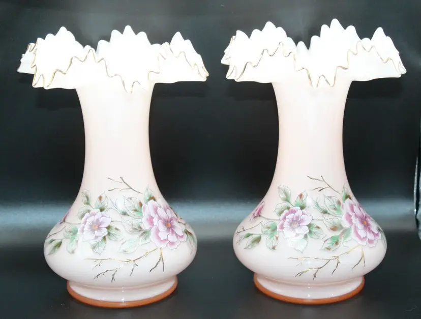 Antique Victorian Pale Pink Opaline Glass Floral Decorated Vases Pair of 2
