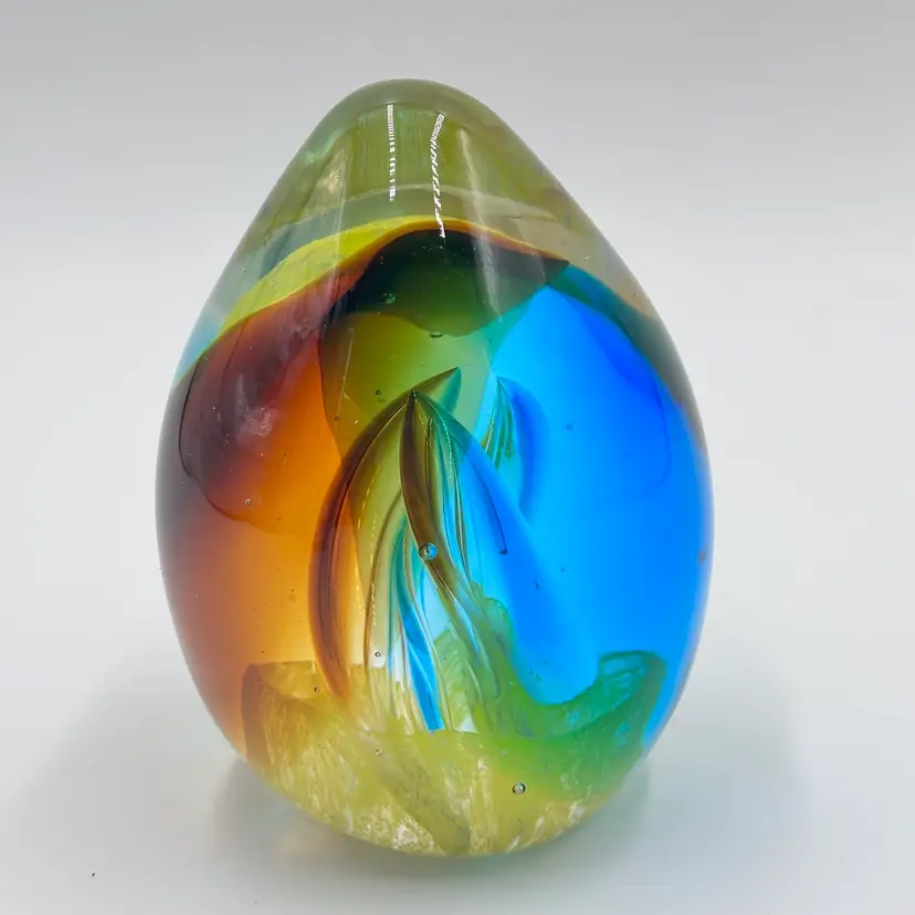 Art Glass Oblong Egg Shaped Torch Spiral Flame Design Colorful Large Paperweight