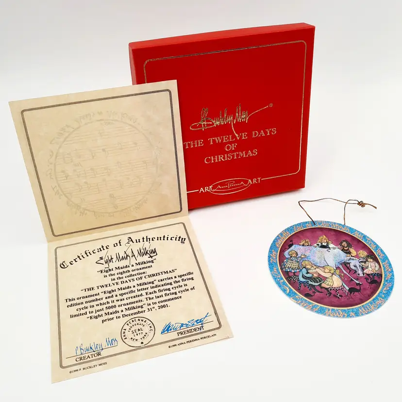 P Buckley Moss Ornament Anna Perenna Eight Maids a Milking COA 3807/5000