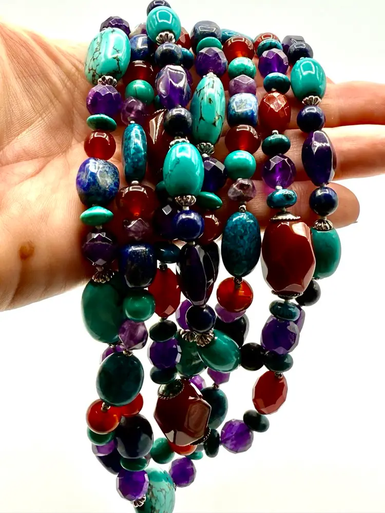 Multi-Strand Beaded Gemstone Necklace LUC CN Some Semi-Precious Polished Stones. Necklace 22”, with adjustable Clasp for longer fit.