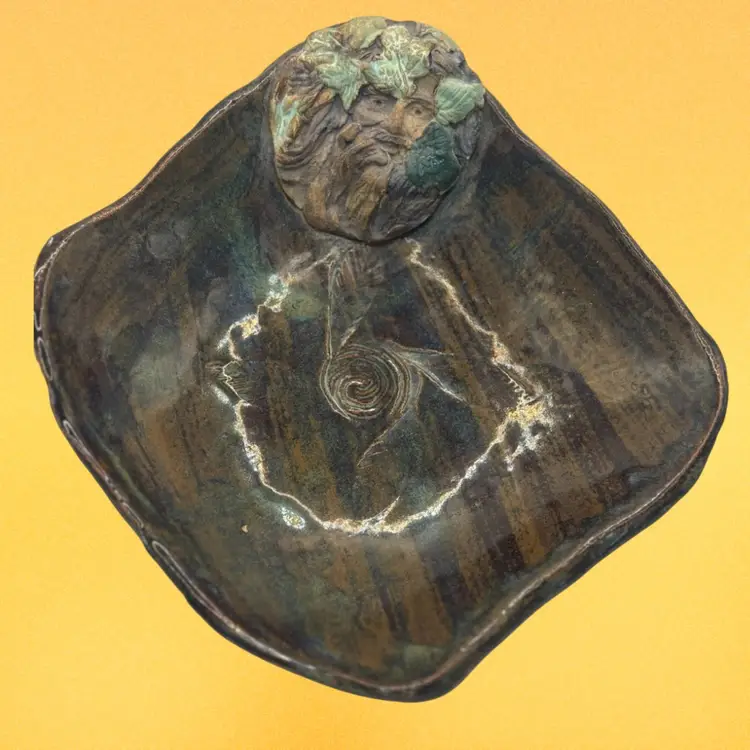 River Run Pottery Bowl  Art Pottery Whimsical Stone Face Spirit Approx 9”