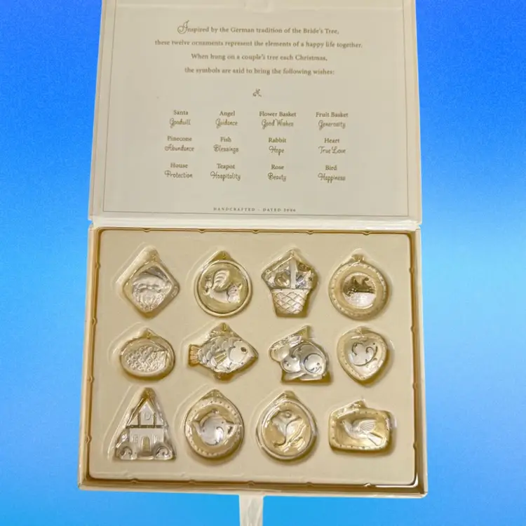 Hallmark ‘A Happy Life Together’ 12 Miniature Christmas Ornaments Collection - 2006 NIB
Ivory & Gold Tone Accents A German Tradition For Bride’s Tree