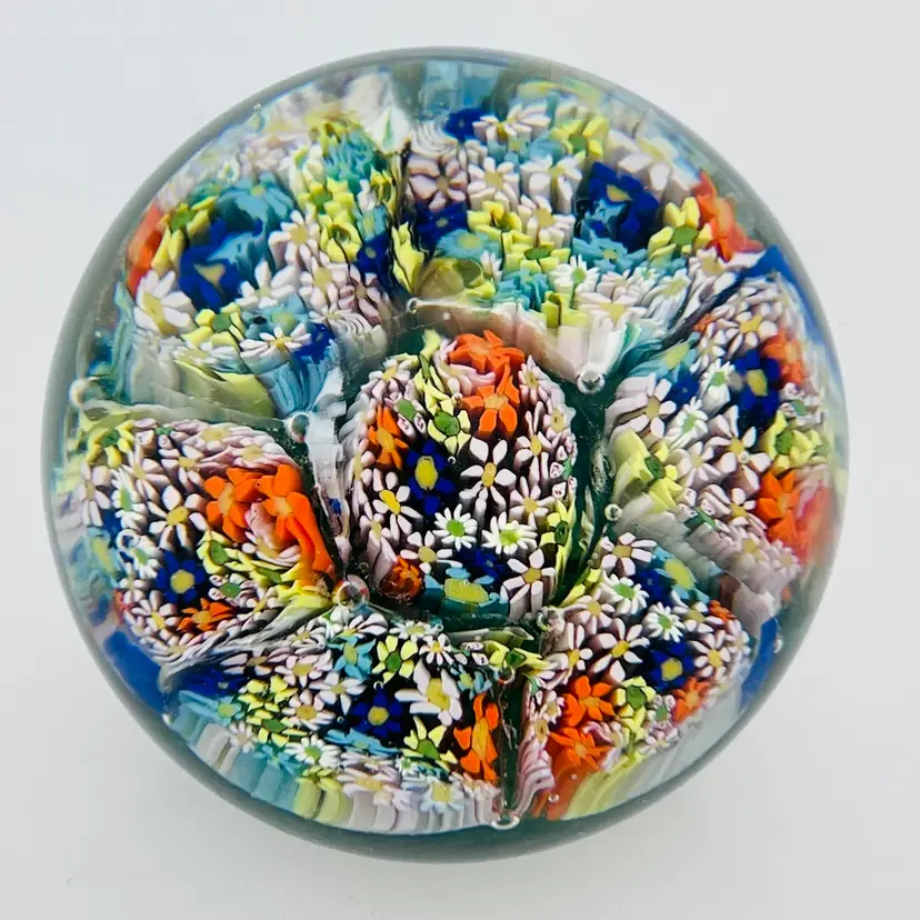 Beautiful Vintage Murano Millefiori Flower Paperweight GLOW 2.5” READ