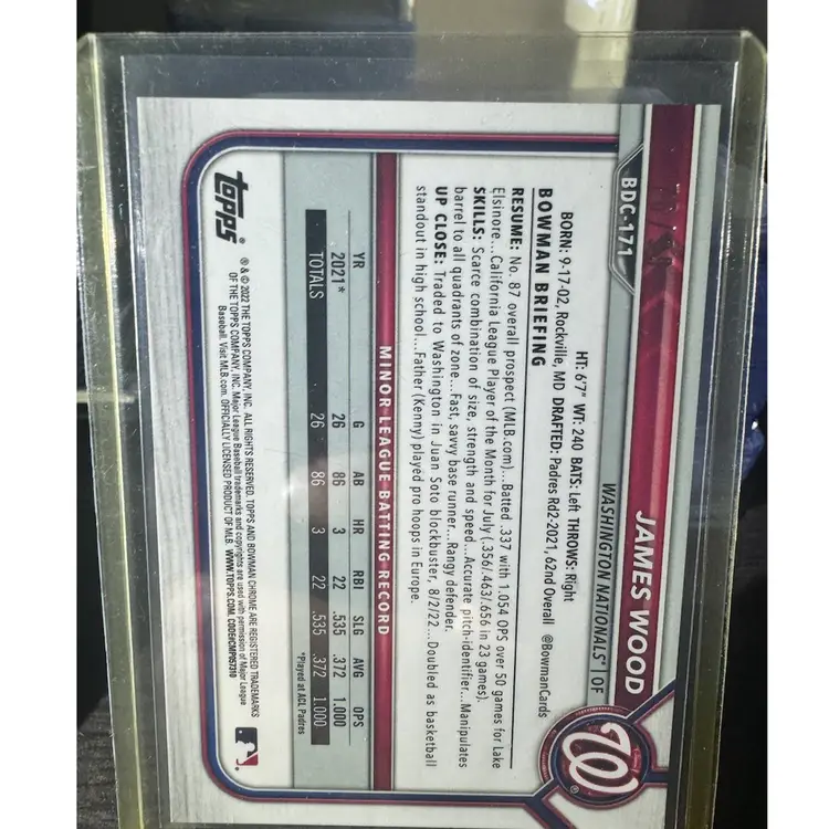 2022 Bowman Chrome Draft JAMES WOOD #BDC-171 GREEN REFRACTOR /99 Nationals