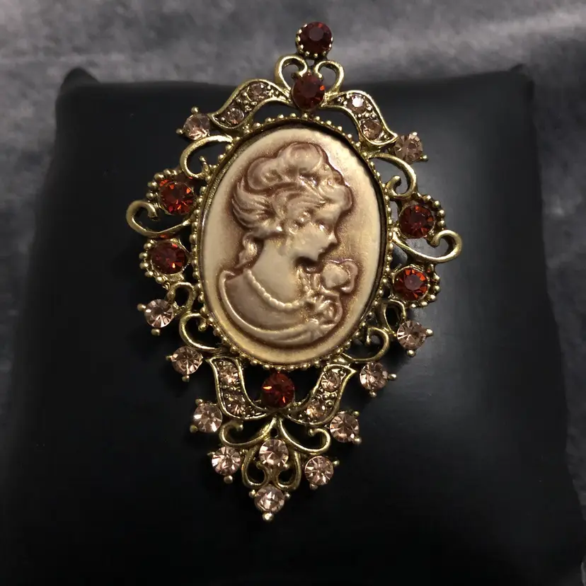 Gold-Tone Cameo with Jewels Brooch